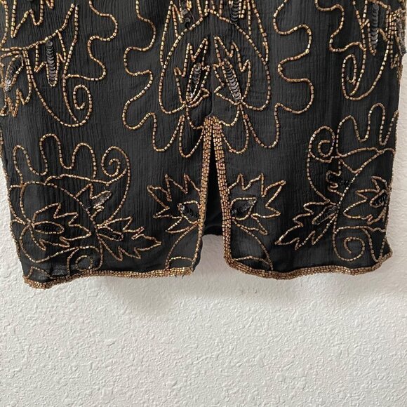 Vintage J.M.C. Black Silk Beaded Sequined V-Neck Cocktail Dress Women's Size PM - Picture 4 of 9